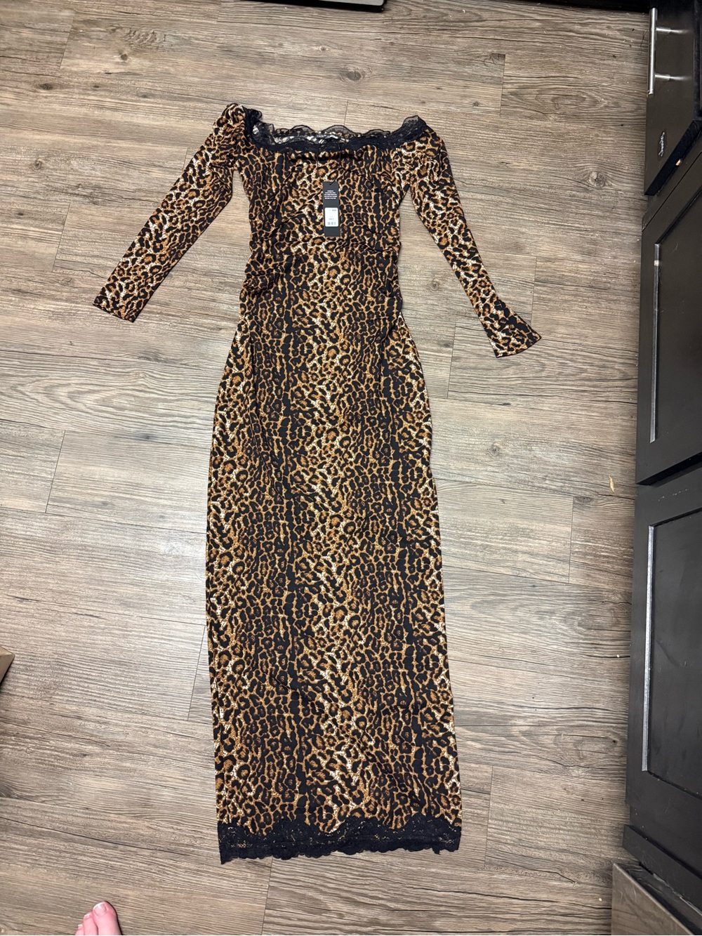 Fashion Nova Leopard Print Off-the-Shoulder Maxi Dress in Brown and Black